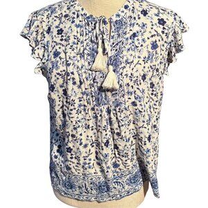Dalia Boho Floral Border Print Tassel Tie Blouse Blue White Rayon Peasant Top S